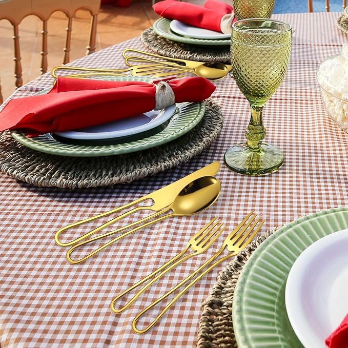 Gold Silverware Hollow 20 Piece Flatware Set For 4 Kitchen Cutlery Stainless Steel Forks Spoons and Knives Unique Utensils Party Festival Restaurant Durable