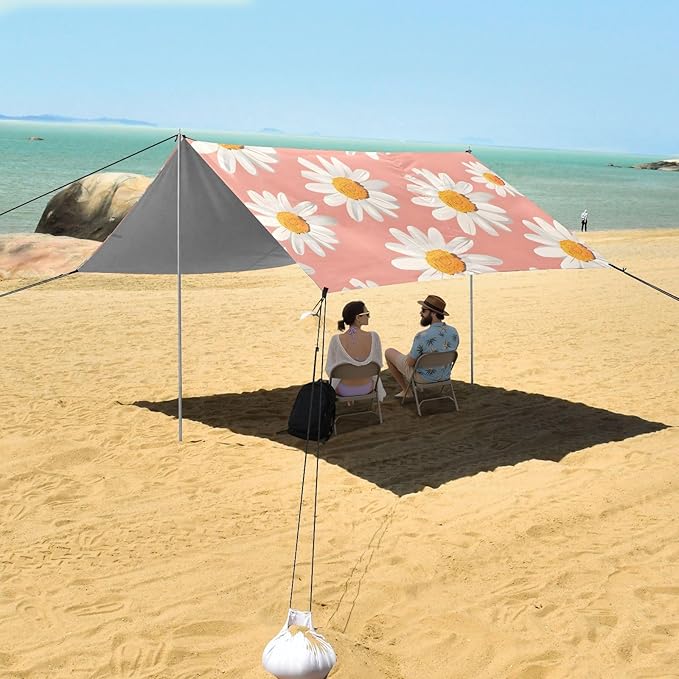 ALAZA Daisy Flower Pink Beach Tent Sun Shelter UPF50+ Protection Beach Shade Canopy w/ 4 Sandbags for Outdoor Camping Fishing Backyard Fun Picnic 10x9 ft
