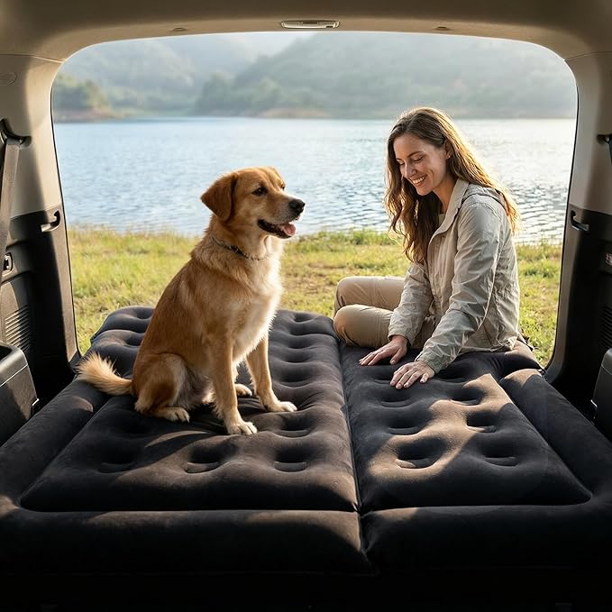 Car Air Mattress - Inflatable Bed SUV Mattress for Cars RV Truck Backseat Trunk Portable Camping Bed Flocked Airbed Sleeping Mat for Vehicle Travel Road Trip Indoor&ampOutdoor Activities (Black)