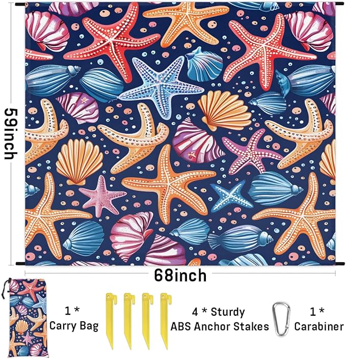 Waterproof Sandproof Beach Blanket 59''×68'' Vintage Ocean Polyester Outdoor Picnic Blanket with 4 Stakes &amp Storage Bag for BeachCampingVacation Blue