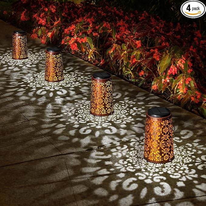 4 Pack Solar Hanging Lanterns Outdoor 2 Modes Adjustable White &amp Warm Light Auto On/Off Metal Waterproof Solar Lights for Patio Garden Wall &amp Tabletop Decor
