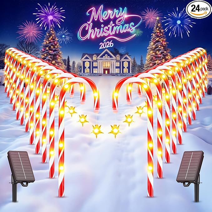 WdtPro 24-Pack Upgraded Solar Christmas Candy Cane Lights Solar Pathway Lights Waterproof Christmas Decorations Outdoor with 10 Modes and Bright 144 LED for Yard Garden Lawn Patio Party Decor