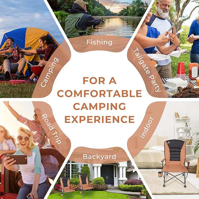 Camping Chairs for Adults Adjustable Backrest Heavy Duty Oversized Folding Camping Chair Supports 350lbs for Outside with Cup Holder&ampSide Pocket Outdoor Folding Camp Chair with High Back (Brown)