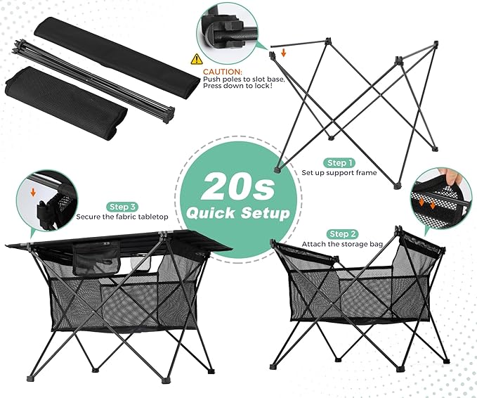 Lightweight Camping Table - Portable Folding Beach Side Table w/2 Cup Holders &amp Large Storage Basket Compact Fold for Tailgate Travel Outdoor Fishing Picnic | 29.2 W x 21.7 D (Black)