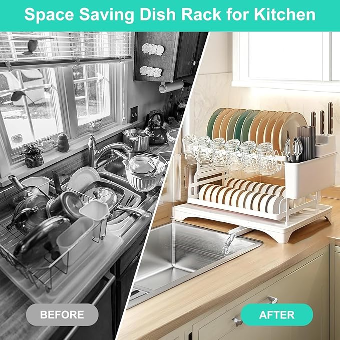BCWW 2-Tier Dish Racks for Kitchen Counter Multifunctional Dish Drying Rack Large Capacity Metal Kitchen Dishes Drying Rack Plate Organizer for Bowls/Cups/Bottles (White)