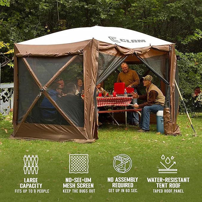 CLAM Pop Up Screen Tent Large Outdoor Camping Gazebo Canopy Pavilion 12.5' Brown - Foldable and Portable Screened Shelter with Netting for Beach Patio and Backyard