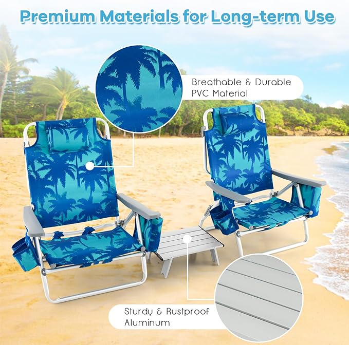 COSTWAY Backpack Beach Chairs Set 3-Piece Portable Camping Chairs with Cup Holder Ice Bag 5-Position Outdoor Reclining Chairs for Adults Travel Sunbathing Support 300 LBS Light Blue