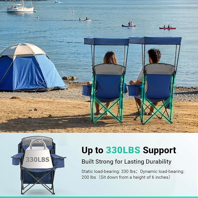 Overmont Beach Chair with Canopy Shade and Cooler - Support 330lbs Oversized Folding Camping Chair with Umbrella- Cup Holder - Cool Bag - Lounge Chair for Sand Travel Outdoor Pool Sports Blue