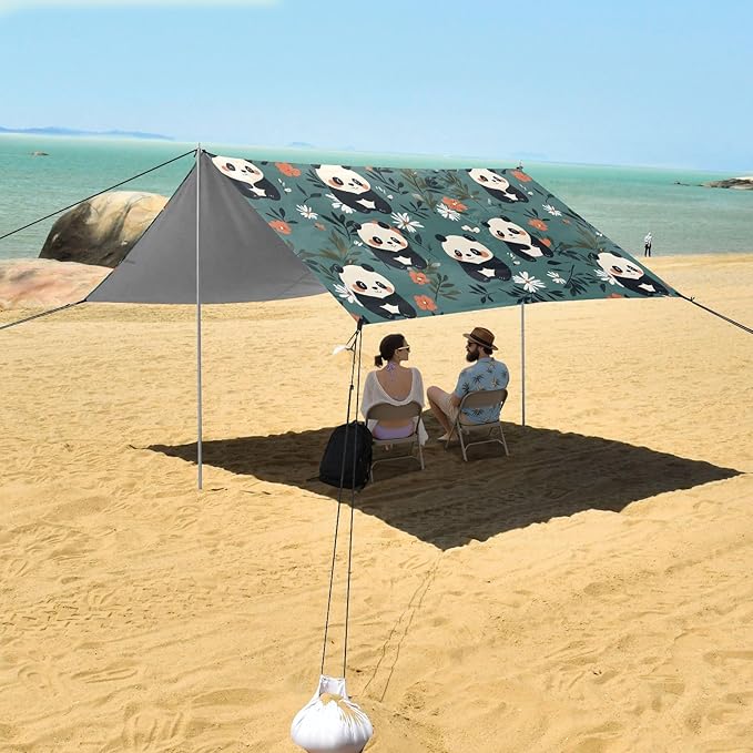 Camping Sun Shelters Panda White Pink Flowers Pattern Beach Canopy 126 * 110.2in
