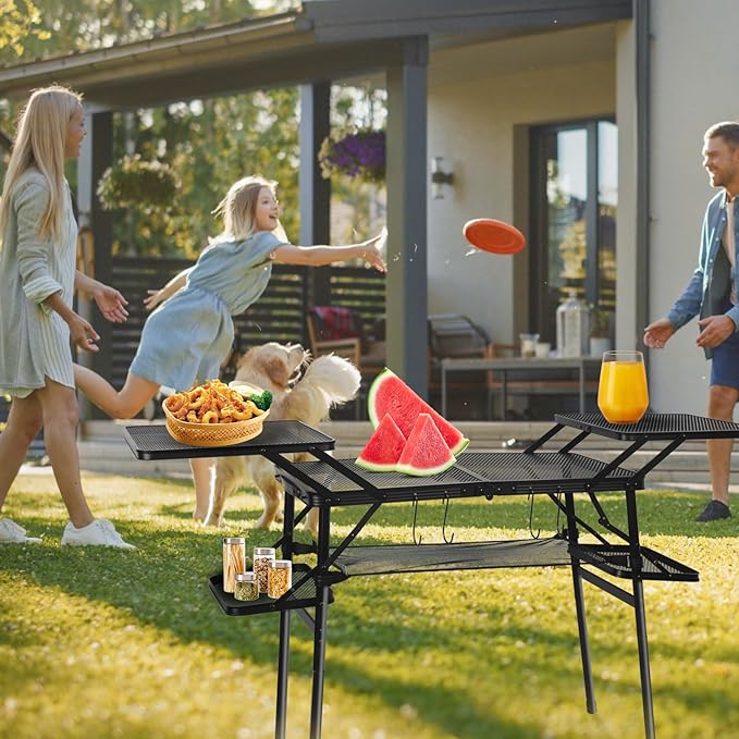 CDEN Camping Table Campact Table Folding Portable Tables Tailgate Tables with Side Table 4 Side Shelves mesh net for Camping Picnic BBQ