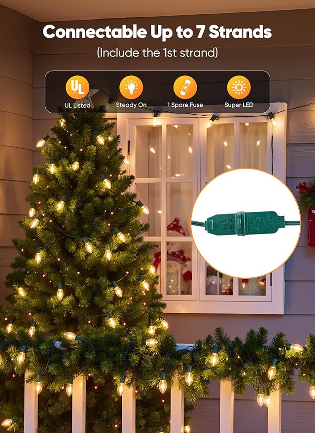 Vintage C9 LED Christmas Lights Outdoor 100 Feet C9 String Lights with 100 LED C9 Plastic Bulbs Waterproof Connectable Lights for Christmas Tree Roofline Garden Patio Backyard Decor Warm White