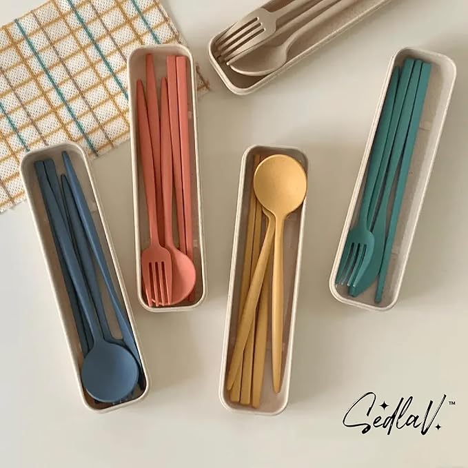 SEDLAV Design Spoon Fork Chopsticks Set - Exquisite Workmanship Utensil Set with Case - Plastic Portable Cutlery Set Ideal for Travel - Microwave &amp Dishwasher Dinnerware