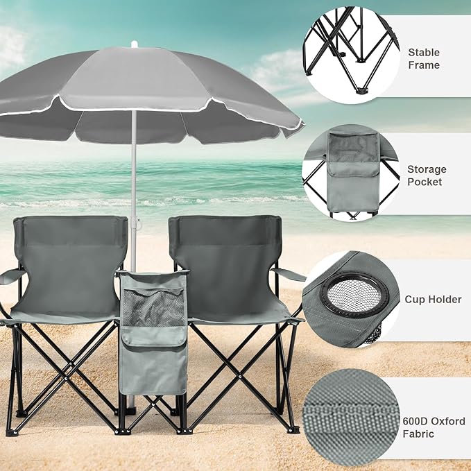 Portable 2-Seat Folding Chair with Removable Sun Umbrella Outdoor Lounge Chair for Fishing Camping Beach Grey