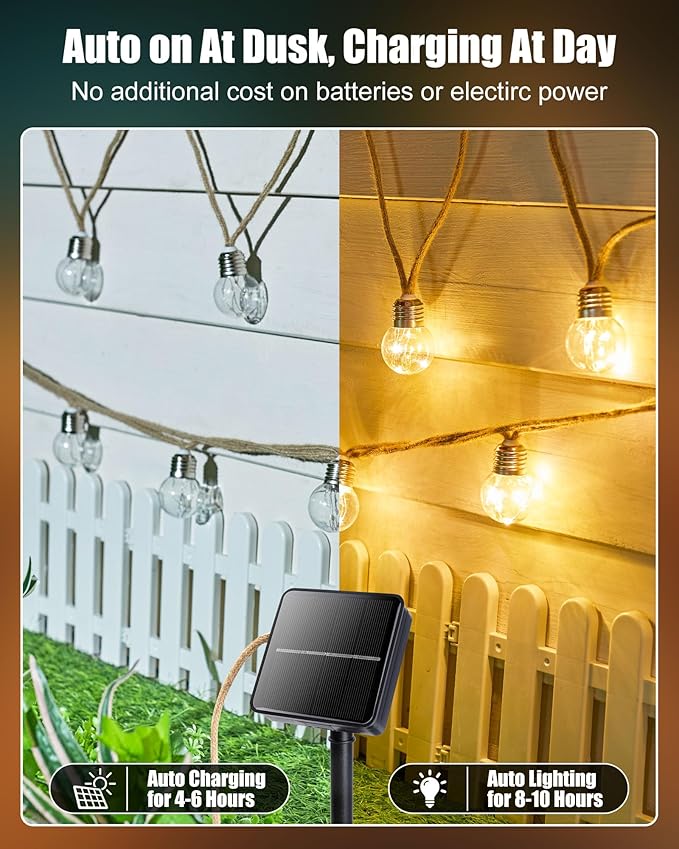 Brightown Solar String Lights Outdoor 30Ft Vintage Hemp Rope Solar Patio Lights with 15 Shatterproof Bulbs 8 Light Modes Waterproof Hanging Lights for Backyard Fence Café Bistro Decor Warm White