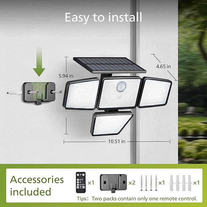 Philips Solar Security Light Outdoor 196 LED Wall-Mounted Flood Light w/PIR Motion Sensor 3 Modes 4 Adjustable Heads Solar-Powered Floodlights with Remote Control IP65 Waterproof 2PK