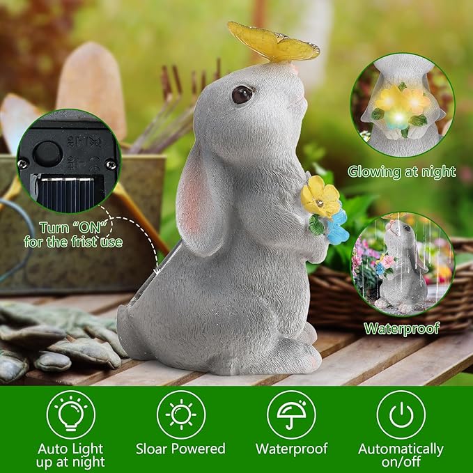 Solar Garden Decor Bunny with Flowers Statues Outdoor Outdoor Figurine Statue Lights Outdoor Garden Yard Lawn Patio Decoration Unique House Warming Birthday Present for Women Family