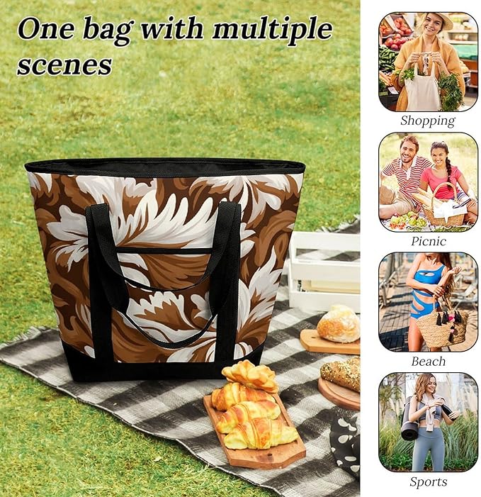 Insulated Shopping BagLarge Reusable Cooler Bags Brown And White Pattern Printed Foldable Shopping BagTravel Waterproof Shoulder Bag