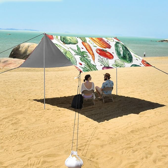 Watercolor Vegetables Beach Tent Sun Shelter 9.2' x 10.5' Beach Canopy with 4 Sandbags 4 Stability Poles Sand Shovels - Tent Canopy for Beach Camping Fishing Picnics