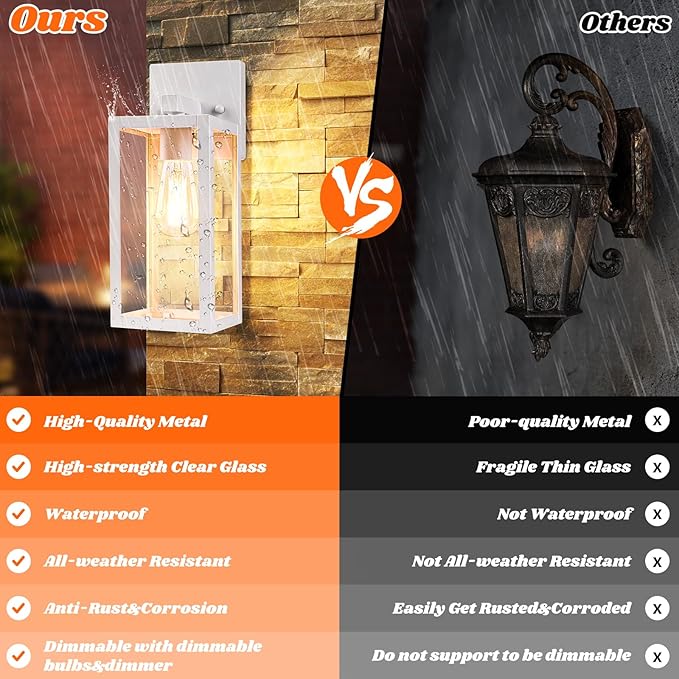 Brightever 2-Pack Outdoor Wall Light Fixtures Waterproof Anti-Rust Outside Wall Sconce Lantern with Clear Glass Exterior Front Porch Lights for House Garage Doorway Bulbs Not Included White