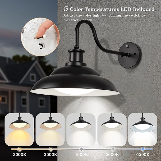 Dusk to Dawn Outdoor LED Barn Lights 16 Inch Large Farmhouse Exterior Wall Light Fixtures with Adjustable Color Temperature Modern Black White Porch Lights Outside for House Garage Doorway