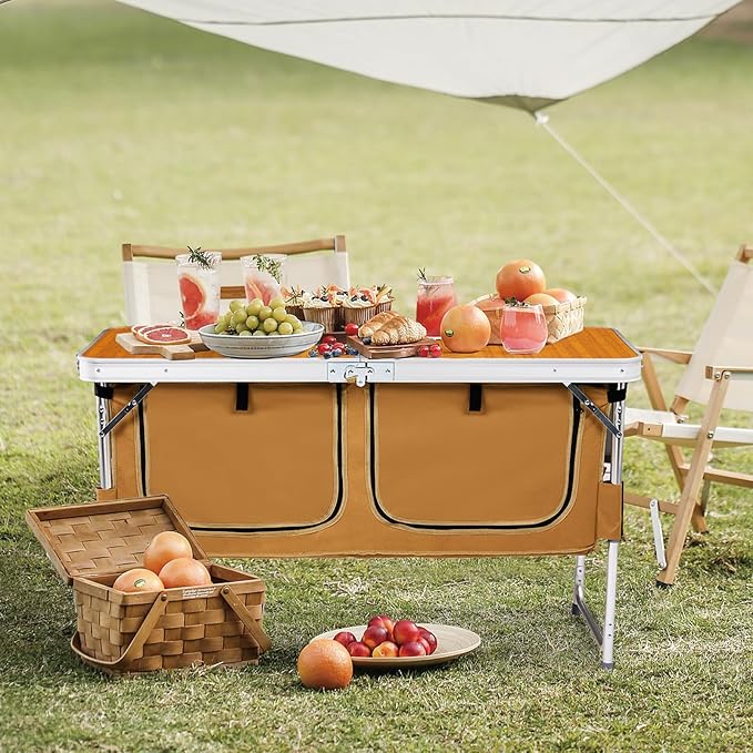 Outdoor Folding Camping TableAluminum Foldable Table with Adjustable Legs &amp Storage OrganizerLightweight Camping Kitchen Table for Outdoor Travel BeachBackyards BBQ Party and Picnic (Wooden)