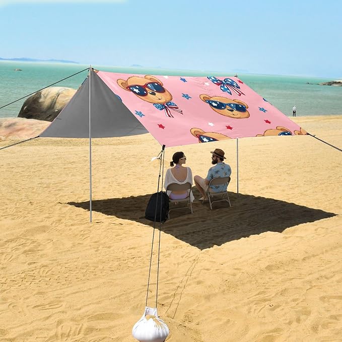Bolaz Beach Canopy Tent Sun Shade9'×10.5' Large Family Beach Shade UPF50+- Outdoor Shade for Camping Trips FishingLittle Bear Bow Pattern