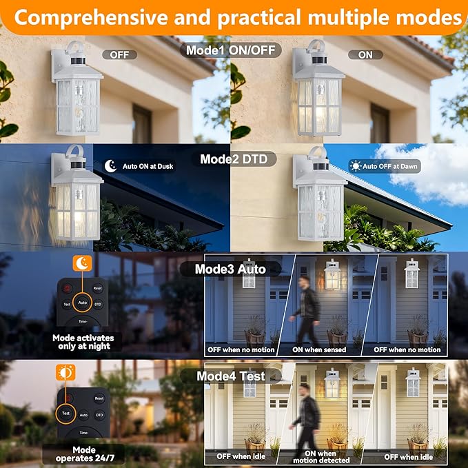 Motion Sensor Porch Lights Outdoor with Remote Dusk-to-Dawn Exterior Lighting Fixtures 4 Modes &amp Weatherproof Outdoor Wall Lights - Ideal for Porch Patio Entryway Garage