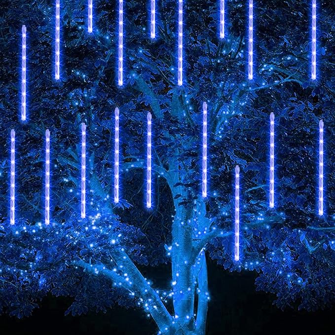 TW SHINE Christmas Meteor Shower Lights Outdoor 864 LED 12 24 Tubes Waterproof Christmas Lights Outdoor Plug in Snow Falling Rain Icicle Xmas Light Decorations Blue