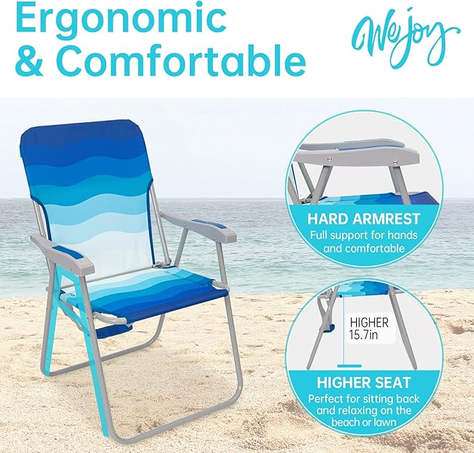 #WEJOY Folding Beach Chair for Adults Lightweight Beach Chair with Shoulder Straps High Back Camping Chairs with Hard Armrest Supports 300lbs for Outdoor Lawn Concert