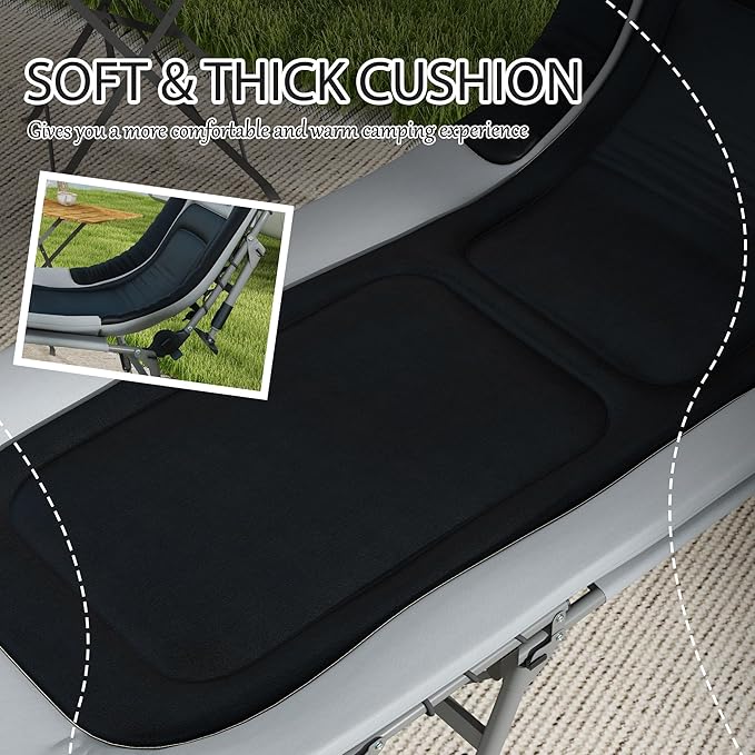 Camping Cot for Adults Folding Bed with Soft Padded Cushions Headrest 180° Adjustable Reclining Lounger Heavy Duty and Portable with a 400 lbs. Capacity Gray