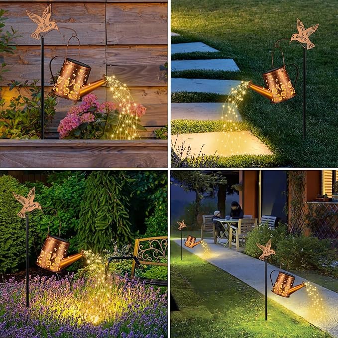 Outdoor Hanging Solar Lantern Waterproof Set Outside Metal Sunflower &amp Butterfly watering can Landscape Lights for Garden Yard Patio Pathway Decor Birthday Gifts for Women Mom Grandma -With Floor