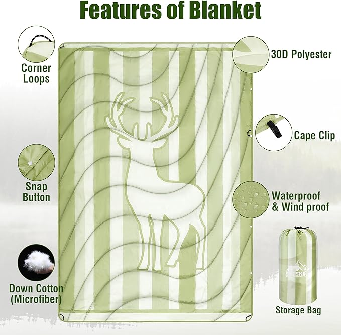 OUTSKIRT Packable Camping Blanket Outdoor Puffer Camping Blankets for Cold Weather Lightweight &amp Wearable Camping Quilt Ideal for Traveling Hiking Festival &amp Outdoor Adventures Deer