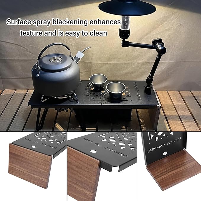 Alomejor Camping Table Portable Stainless Steel Outdoor Table Walnut Wood Stand for Family Gatherings Camping Trips BBQ Cooking