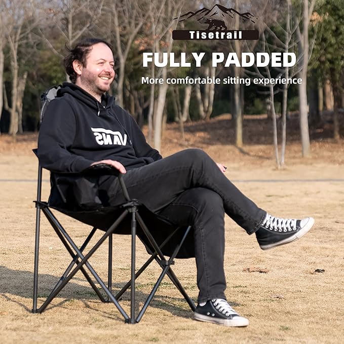 Camping Chairs Oversized Padded Folding Camping Chair with Lumbar Back Heavy Duty 500 lb Support Collapsible Chair with Cooler Bag Cup Holder for Outdoor Garden Beach Fishing 1 Pack Gry