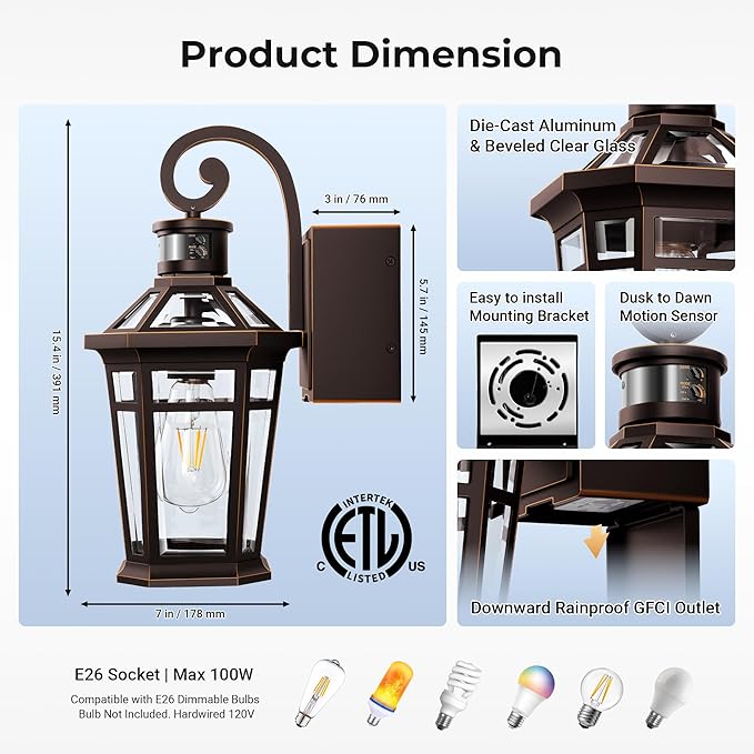 Motion Sensor Porch Light with GFCI Outlet Oil Rubbed Bronze Outdoor Light Fixture with Outlet Anti-Rust Exterior Wall Light Lantern Waterproof Outdoor Sconces Wall Lighting for Garage Home