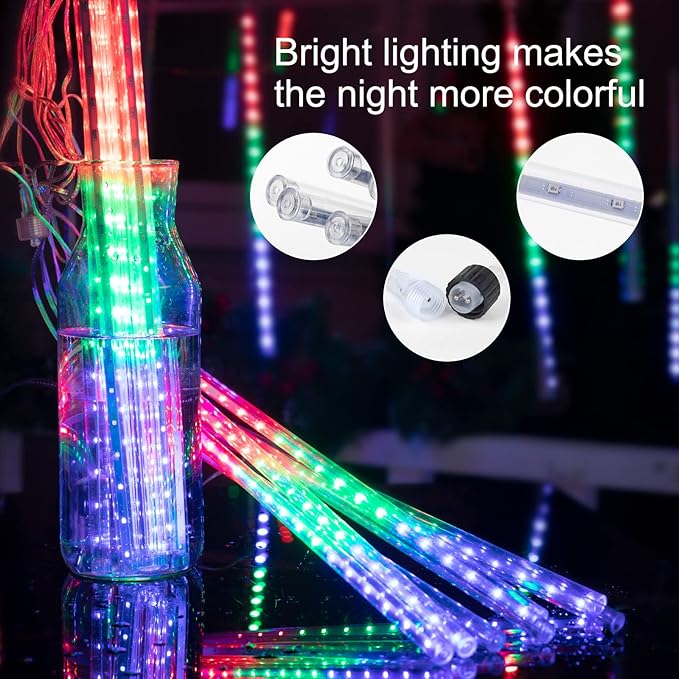 Minetom Meteor Shower Lights Outdoor 16 Inch 24 Tubes 864 LED Icicle Lights Waterproof Meteor Christmas Light Outdoor Falling Rain Light for Tree Bushes Holiday Christmas Decoration Multicolor