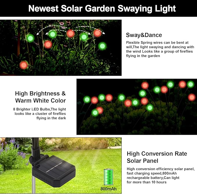Solar Firefly Lights Outdoor Waterproof 8 Modes Red and Green Firefly Swaying Solar Garden Lights Stakes for Outside Christmas Holiday Yard Patio Plant Garden Decor 4 Pack(Red &amp Green)