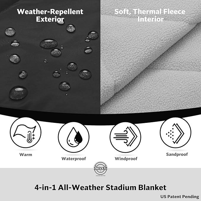 STOVER Large Waterproof Outdoor Stadium Blanket- Extra Thick Soft Fleece Camping Blanket for Travel Picnics Sports Dogs- 79x55 Warm Windproof Sand-Proof Lightweight Packable (Stadium Black)
