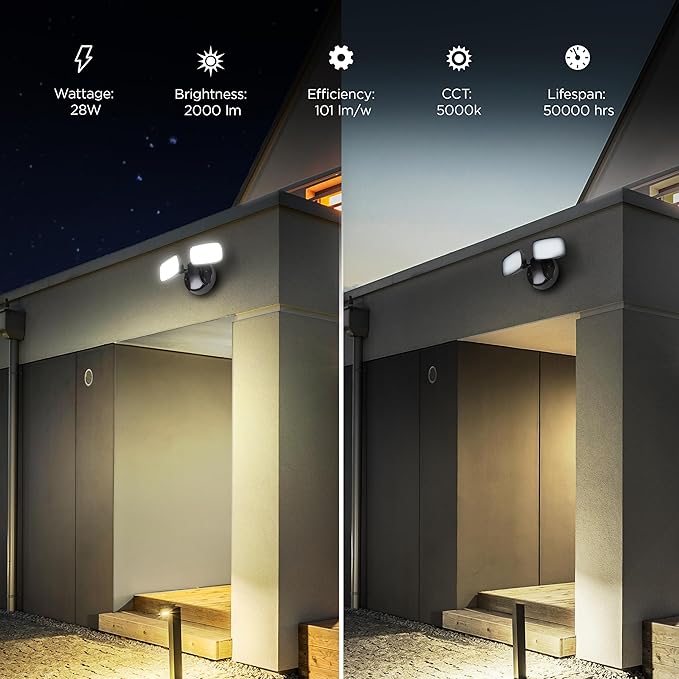 Feit Electric LED Security Outdoor Light 28W LED Waterproof Flood Light Adjustable Dual Head 2000 Lumens 5000K Daylight 50000 Hour Lifespan Bronze S9DFL/850/BZ/V1