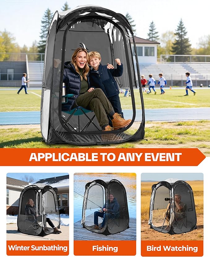 Sportneer XL Pop Up Sports Tent 46 L x 46 W x 63.5 H Clear TPU Outdoor Shelter for 1 Adult &amp 1 Child All-Weather Warm Bubble Pod with Instant Setup Wind &amp Rain Protection for Spectators