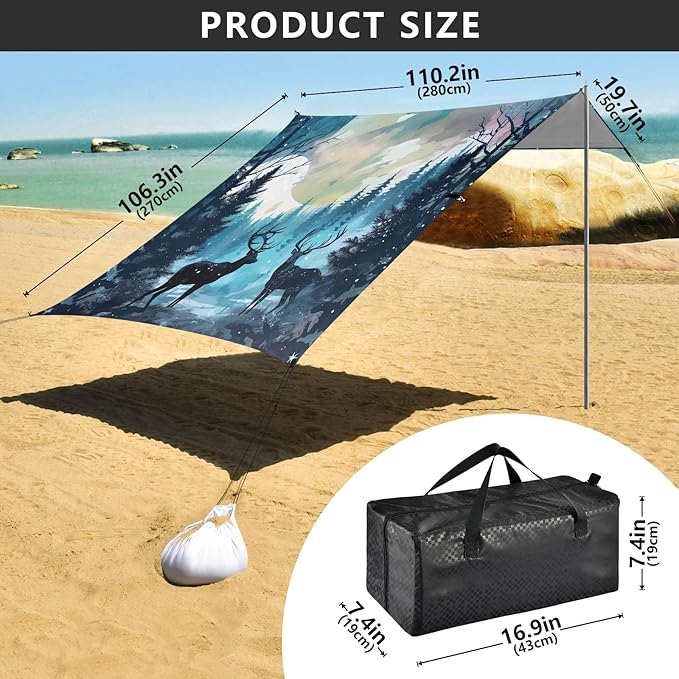 Camping Sun Shelters Deer Couple in Forest Pattern Beach Canopy 126 * 110.2in