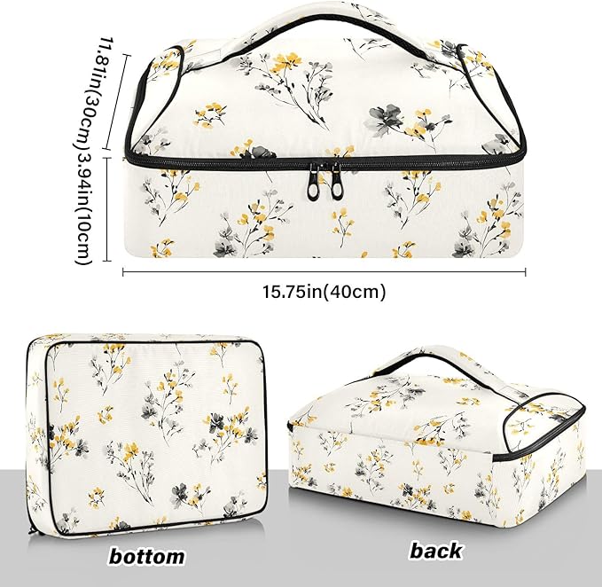Casserole Carrier Black and Yellow FlowersInsulated Casserole Carrier for Hot or Cold Food Thermal Lunch Tote for Potluck Parties Picnic Beach Fits 9 x 13 Inches Baking Dish