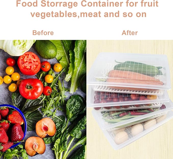 Food Storage Container Plastic Food Containers with Removable Drain Plate and Lid Stackable Portable Freezer Storage Containers - Tray to Keep Fruits Vegetables Meat and More (4Large)