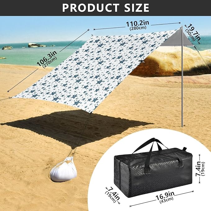 ALAZA Blue Stars Starry Beach Tent Sun Shelter UPF50+ Protection Beach Shade Canopy w/ 4 Sandbags for Outdoor Camping Fishing Backyard Fun Picnic 10x9 ft