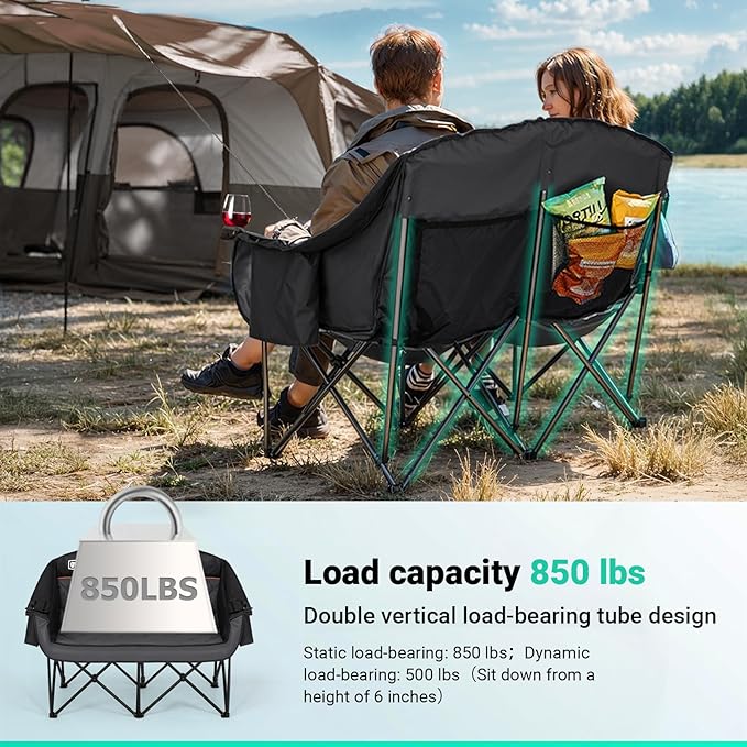 Overmont Oversized XLL Camping Chair for Adults - 850LBS Sopport Heavy-Duty Padded Folding Chair with Pocket Cup Holder Cooling Bag Wine Racks for Outdoor Sports Garden Beach Fishing Lawn Blk Loveseat