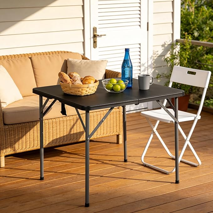 34 Square Folding Plastic Table - Portable Fold-in-Half Utility Dining Party Table with Carrying Handle No Assembly Required for Indoor/Outdoor Wedding Picnic Camping Black