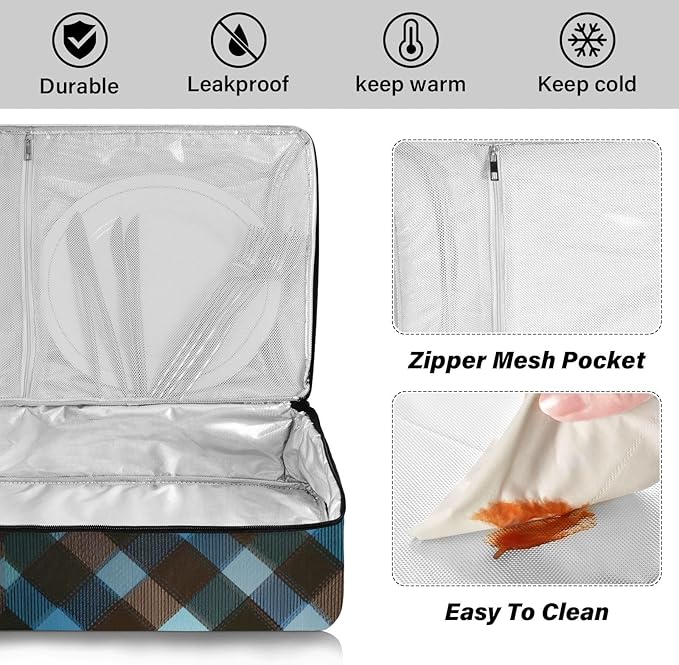 Casserole Carrier Blue and Brown Tartan Pattern Print Insulated Casserole Carrier for Hot or Cold Food Thermal Lunch Tote for Parties Picnic Travel Carry Bag