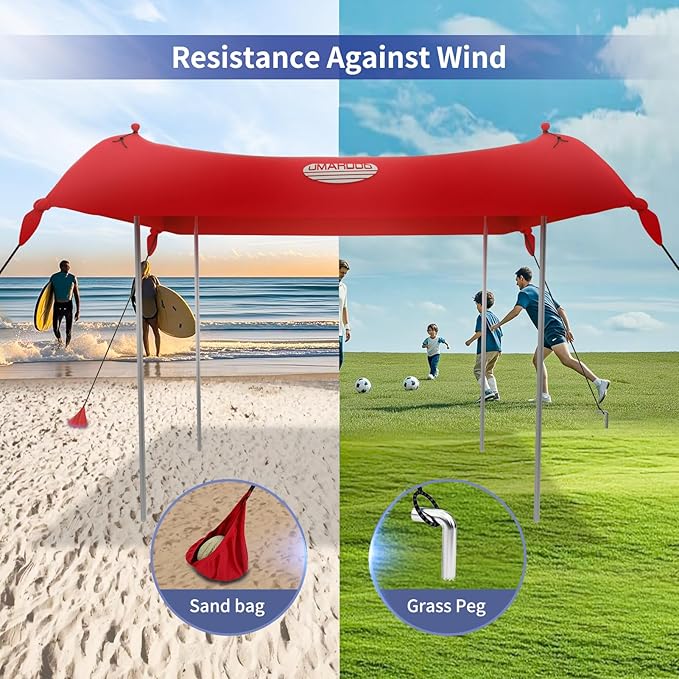 UMARDOO Family Beach Tent Canopy Sun Shade Portable Large Compact Beach Sun Shelter Easy Setup with Packable Bag for Outdoor Travel (Red 10X10 FT. 4Poles)