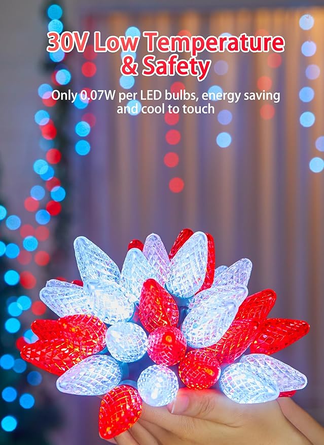 C9 Christmas Lights Outdoor Waterproof 114 Feet 150 LED C9 String Light with Timer &amp 8 Light Mode Connectable Christmas Tree Lights for House Outside Roofline Indoor Decoration Red &amp Pure W