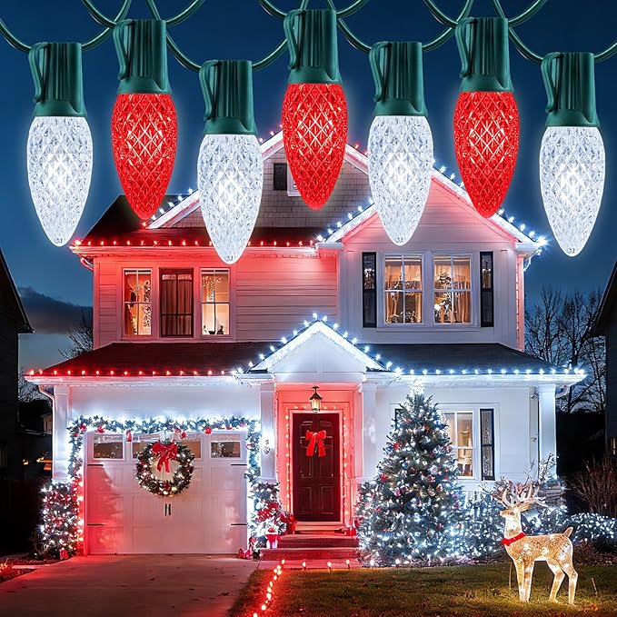 100 Feet Commercia Led Outdoor Christmas Lights Waterproof C9 Christmas String Lights with 100 C9 Strawberry Bulbs Connectable UL Certified for Roofline Patio Holiday Party Backyard Xmas Decor